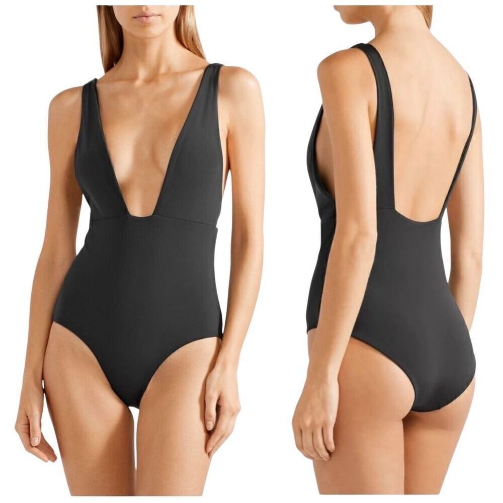 NWT Mara Hoffman Black Audrey Plunge Square Neck One-Piece Swimsuit Size Small